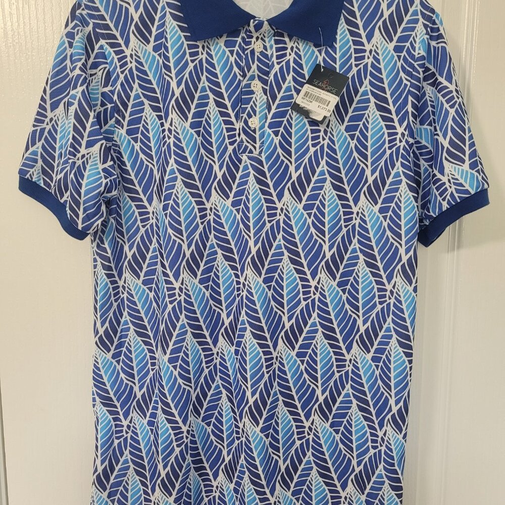 Seahorse Swimwear Men's Polo Shirt Sz Med Blue/Teal Leaves Design Mexico Unique